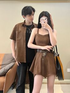 Couples Summer 2025 New Small Design Sense Short Sleeve Shirt Dress French Style One Skirt One Dress Trendy Soft Polyester Blend