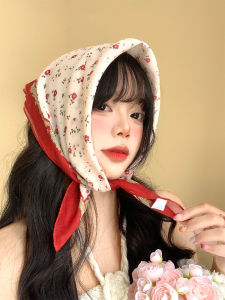French Vintage Floral Triangle Scarf Women Summer High-End Hair Wrap Beach Photography Holiday Knotting Hairband Headscarf