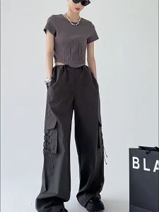 กางเกงคาร์โก้ผู้หญิง กางเกงเอวสูง สไตล์เกาหลี ที่เอวมีสายเชือก2เส้น ออกเเบบพิเศษ