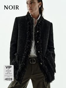 MO&Co. | Crafted Coarse Tweed Shoulder Padded Fringed Outerwear