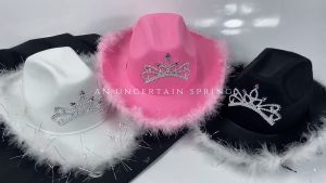 【Local Warehouse】【58cm】Pink Raw Border Cowboy Hat Pink Hair Crown Western Cowboy Hat Bar Party Supplies Happy Birthday Party Decor Kids Adults Favor Cowboy Hat Fluffy Feather Brim Cap with Crown Wild West Cowgirl Fancy Dress Costume Accessories for Party