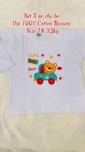 Combo 5 áo Dài tay Cộc tay bé trai bé gái vải 100% Cotton Bossini nền trắng in họa tiết Size to 18-32kg