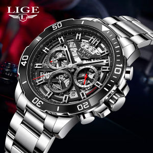 LIGE Fashion Men Watch Luxury Business Stainless Steel Waterproof Watches Date Creative Skeleton Quartz Watches For Men + Box