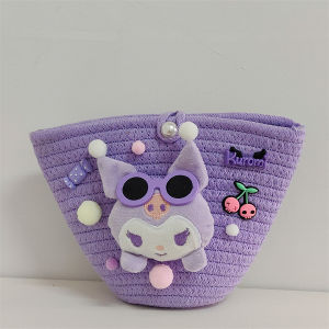 Kitty Cat Woven Cotton Rope Bag Girls Crossbody Bag Spring Outing Shoulder Bag Princess Style Childrens Clothing Accessories
