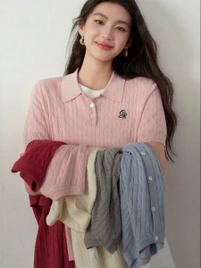 SEIFINI | 100 Percent Tencel Laisee Polo Cable Knit Short Sleeve Sweater