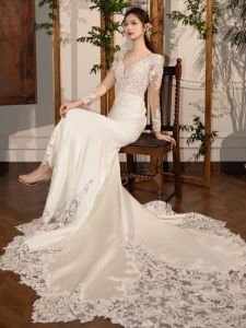 2024 ใหม่หางปลา ผ้าซาติน งานแต่งงาน เดรส สีขาว หลัก เดรส สำหรับงานกลางคืน ชุดราตรี สําหรับเจ้าสาวคุณภาพสูง Sensation งานแต่งงานกลางแจ้ง เดรส