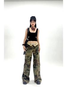 DADUHEY New American Style Retro Camouflage Cargo Pants Womens 2023 Summer New Low Waist Loose Drooping Wide Leg Jeans