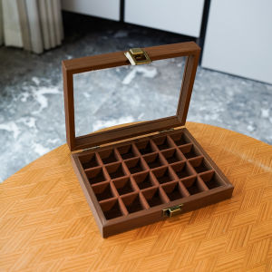 กล่องเก็บเครื่องประดับลายไม้สักดำ 24 ช่อง กล่องใส่แหวนต่างหู แหวน เครื่องประดับ กล่องเก็บของแบบพกพา กล่องเก็บของสไตล์ย้อนยุค