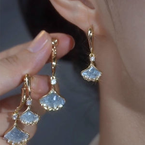 Guolfers Pure Silver Light Blue Ginkgo Leaf Earrings Luxury Feelings Front And Back Wear Drop Earrings Elegant Trendy Fashion Jewelry
