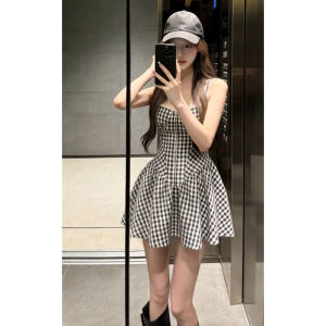 Homecore | Waist-defining Checked A-line Womens Camisole Dress