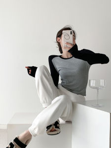 Womens Long Sleeve Knitted T-shirt Color Block Elastic Stretchy Base Shirt round Neckline Slim Fit Cotton Blend Top