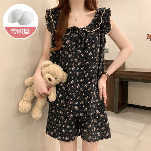 Summer Polka Dot Cloud Cotton Vest Shorts Sleepwear Set Womens Home Clothes with Chest Pad Simple Style Youth Polyester Fiber