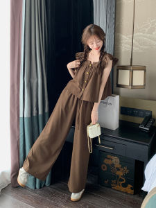 Sweet Cotton Linen Set Women Summer 2025 New Small Size Shirt Elegant Wide Leg Pants Two Piece Set Student School Uniform Workwear