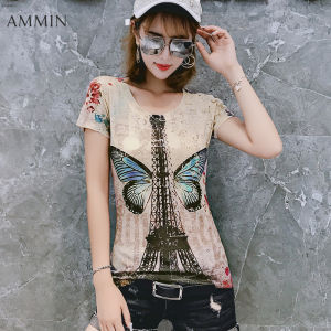 เสื้อแฟชั่นแขนสั้นผู้หญิงเสื้อยืดพิมพ์ลายยุโรปและสหรัฐอเมริกาใหม่ฤดูร้อนเสื้อบางเฉียบพิมพ์ลายคอกลม