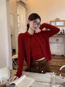 Chic Korean Style Short Sleeve Polo Shirt And Cardigan Sweater Set for Women Spring Autumn Slimming Anti-Aging Two-Piece Set