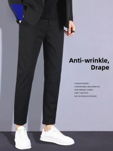 ROMON | Romon Mens Slim Straight Business Suit Pants Black Cotton Casual Long Trousers Spring Autumn Fashion Urban Style Pocket Detail Anti-Wrinkle