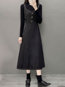 2025 Autumn New Style plus Size Loose A-Line Midi Dress Denim Suspenders Waist-Cinching Versatile Long Skirt Womens Dress