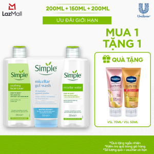 Combo Simple Nước Tẩy Trang 200ml + Sữa Rửa Mặt 150ml + Nước Hoa Hồng 200ml cho mọi loại da
