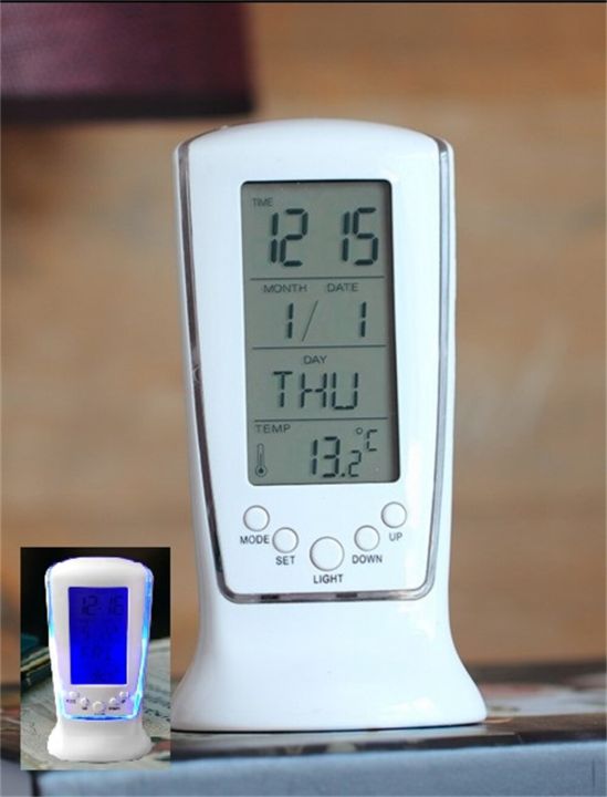 thumbnail interactive-video image 1 of LCD Digital Alarm Clock With Snooze, Calendar, Thermometer & Hygrometer - LED Display 1 of 2