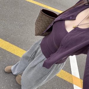 Áo Ba Lỗ Dây Màu Tím Phong Cách Hàn Quốc Cho Nữ Áo Len Cardigan Ngắn Tay Dài Mùa Xuân Thu Áo Lót Dài Tay Bộ Hai Mảnh