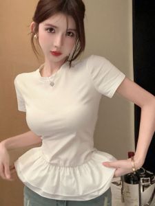 Áo Thun Tay Ngắn Ôm Vừa Vặn Cổ Tròn Mùa Hè Cho Nữ Áo Thun Cotton Phong Cách Pháp Áo Thun Thường Ngày Áo Thun Tay Ngắn