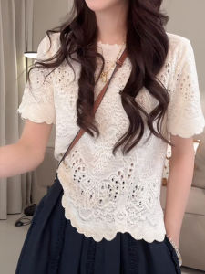 Shalldoer | Áo len dệt kim hở vai không đều dày tay ngắn mùa hè mỏng thoáng khí đa năng áo thun nữ phong cách mới 2025 thường ngày vải lanh