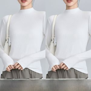 Miiow | Womens Slim Fit Knitted Base Shirt Half High Collar Thin Pure Color Inner Wear MiiOW Cat Person Daily Style Long Sleeve Top