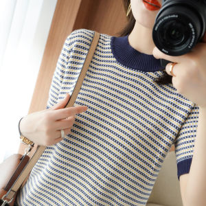 2022 New Style Age-Defying Stripe Pure Cotton Knitted Short Sleeve Womens T-Shirt Thin Linen Top Loose Cotton-Linen Half Sleeve