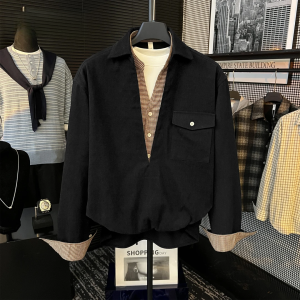 Original Autumn New Plaid Shirt Pocket Artistic Fake Two-Piece Fashion Simple Color Collision Shirt Mens Standard Fit Long Sleeve