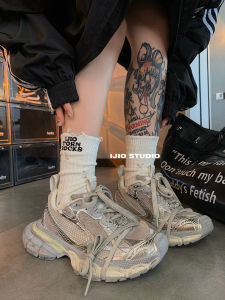 Ijio "Store Celebration Commemorative Model" Retro Tattered Jeans Embroider Letters Bunching Socks Street Sports Style Ins Tube Socks