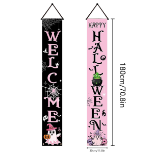 Pink Black Halloween Porch Banner Welcome Happy Halloween Spider Cauldron Front Door Sign for Home Yard Halloween Party Decor