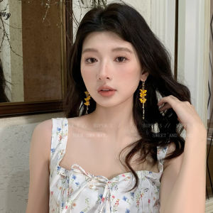 ต่างหูสไตล์เกาหลีแบบยาวปานกลางสำหรับผู้หญิง ประดับดอกไม้ เครื่องประดับแฟชั่นสำหรับวันหยุดที่ชายหาด ต่างหูแบบห้อย