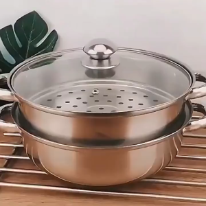 Steamer Stainless Stell 2 Susun Panci Kukusan Double Telinga Dengan Tutup Kaca Anti Karat