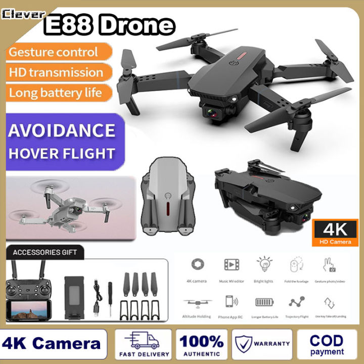 Clever E88 Pro Drone 4K HD Drone Camera Wifi Remote Control obstacle avoidance Portable Foldable mini Drone Wide Angle 3D Pin Flip Holding WiFi Fpv Drone Height Hold Rc Quadcopter Lazada PH