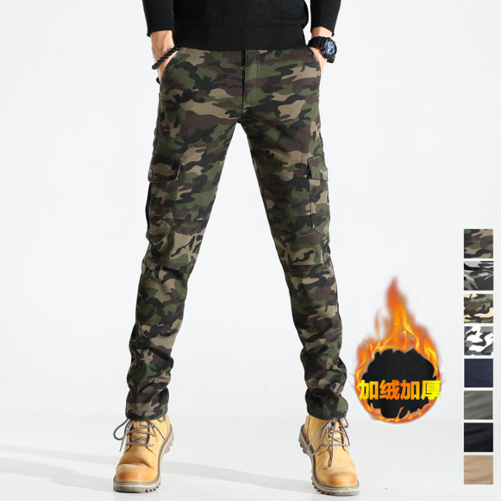 Men's Winter Camouflage Fleece Lined Elastic Work Pants Slim Fit Thickened Multi Pocket Wear Resistant Casual Cotton Trousers