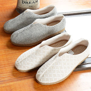 New 2025 Mens Linen Slip-On Shoes Soft Bottom Breathable Canvas Retro Chinese Style Summer Flat Heel Low Top Fashionable Youth Footwear