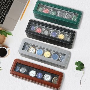 Watch Case Waterproof PU Leather & Wooden Watch Holder Organizer for Men with 6 Slots Luxury Watch Display Box Travel Case