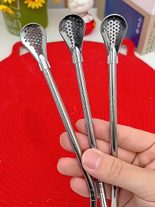 ช้อนคนกาแฟ 2 in 1 หลอดสแตนเลส ใช้เป็นหลอดและกรองชาได้ รูปทรงหยดน้ำ/รูปดอกไม้ พร้อมที่กรอง