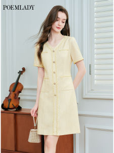POEMLADY | V Neck Short Sleeve Petite Elegance Yellow Dress
