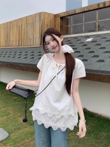 Áo Sơ Mi Ren Tay Ngắn Mùa Hè Kiểu Pháp Cho Nữ Áo Sơ Mi Búp Bê Rộng Rãi Viền Ren Áo Sơ Mi Nhỏ Áo Dài Thường Ngày