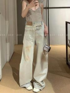Retro American Dirty Dyed Denim Pants Women Summer Spicy Girl Deconstructed Anti-wear Misplaced Patchwork Floor-Length Trousers