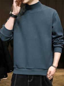 ROMON | Lormen Mens Mid-High Collar Double-Sided Velvet Thickened Long Sleeve T-Shirt Spring Autumn Winter Fashion Casual Loose Fit