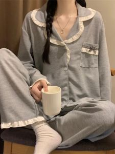 Bộ Đồ Ngủ Dài Tay Phong Cách Nhật Bản Ngọt Ngào Đơn Giản Cho Nữ Bộ Đồ Mặc Nhà Mùa Thu Mới Bộ Đồ Ngủ Cotton Pha Trộn