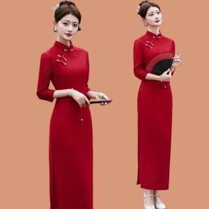 Red Cheongsam Wedding Dress for Women 2025 New Mid-Sleeve Gown for Engagement And Marriage Return Home Ceremony Elegant Dress