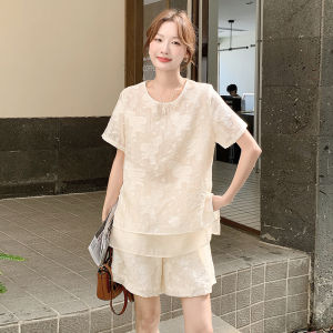 Summer 2025 New National Style Embroidered Short Sleeve Shirt Wide Leg Shorts Two Piece Set Fashionable Casual Womens Outfit
