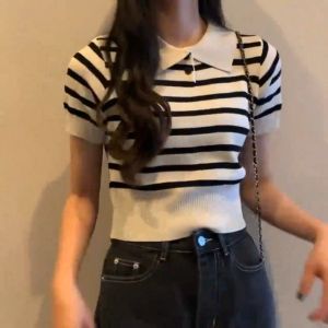 Women Striped Polo Collar Knitted Top: A Versatile Casual Short Sleeved Top