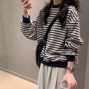 Retro Striped Long Sleeve round Neck Sweatshirt Womens Autumn Wear 2024 New Loose Design Casual Knitted Top