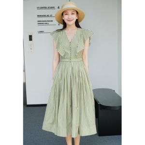 ●ECLAIRE● 003 Dress Midi Ruffle Stripe Salur Garis Korea Kasual Modis Basic Santai Pesta Marilyn Import 14011