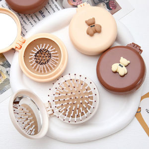 Cute Cartoon Little Bear Folding Comb For Little Girls Portable Mini Air Cushion Comb Massage Small Comb Mirror Integrated