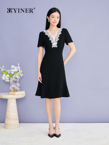YINER | Elegant Lace Trim V-Neck Vinegar Fiber Blend Waist-cinching Dress